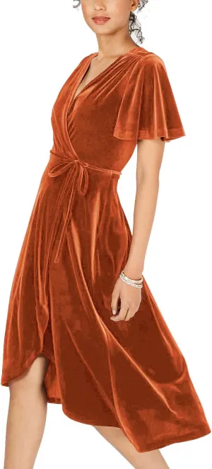 R.Vivimos Womens Velvet Pleated Wrap Tie Waist Elegant Flowy Party Plus Size Midi Dresses