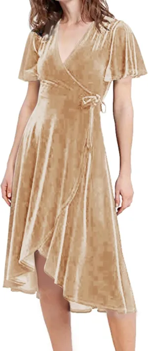 R.Vivimos Womens Velvet Pleated Wrap Tie Waist Elegant Flowy Party Plus Size Midi Dresses