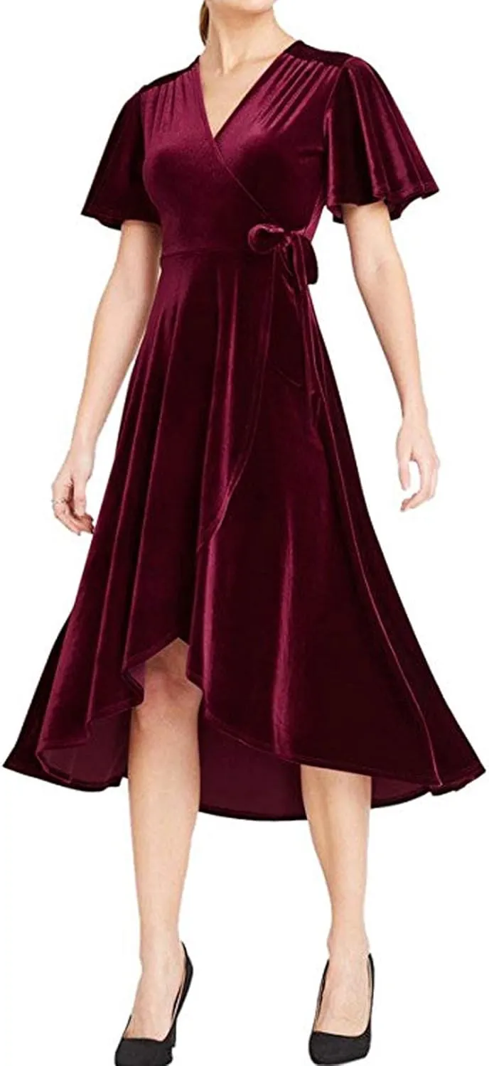 R.Vivimos Womens Velvet Pleated Wrap Tie Waist Elegant Flowy Party Plus Size Midi Dresses
