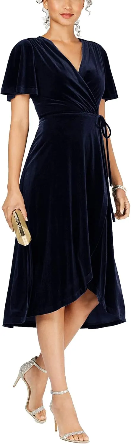 R.Vivimos Womens Velvet Pleated Wrap Tie Waist Elegant Flowy Party Plus Size Midi Dresses