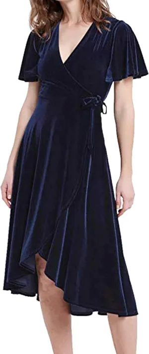 R.Vivimos Womens Velvet Pleated Wrap Tie Waist Elegant Flowy Party Plus Size Midi Dresses