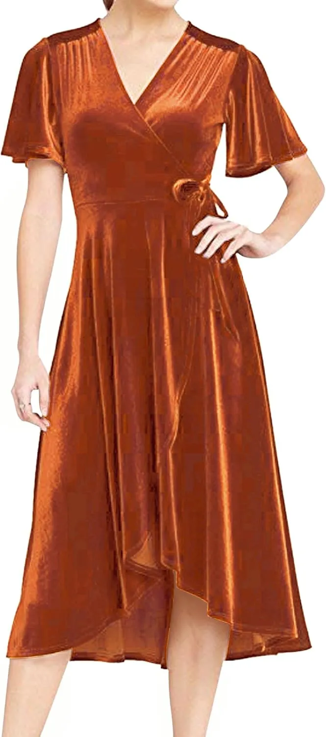 R.Vivimos Womens Velvet Pleated Wrap Tie Waist Elegant Flowy Party Plus Size Midi Dresses