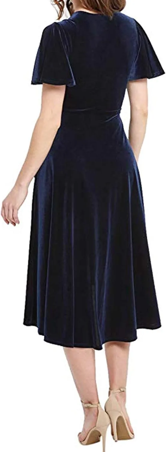 R.Vivimos Womens Velvet Pleated Wrap Tie Waist Elegant Flowy Party Plus Size Midi Dresses