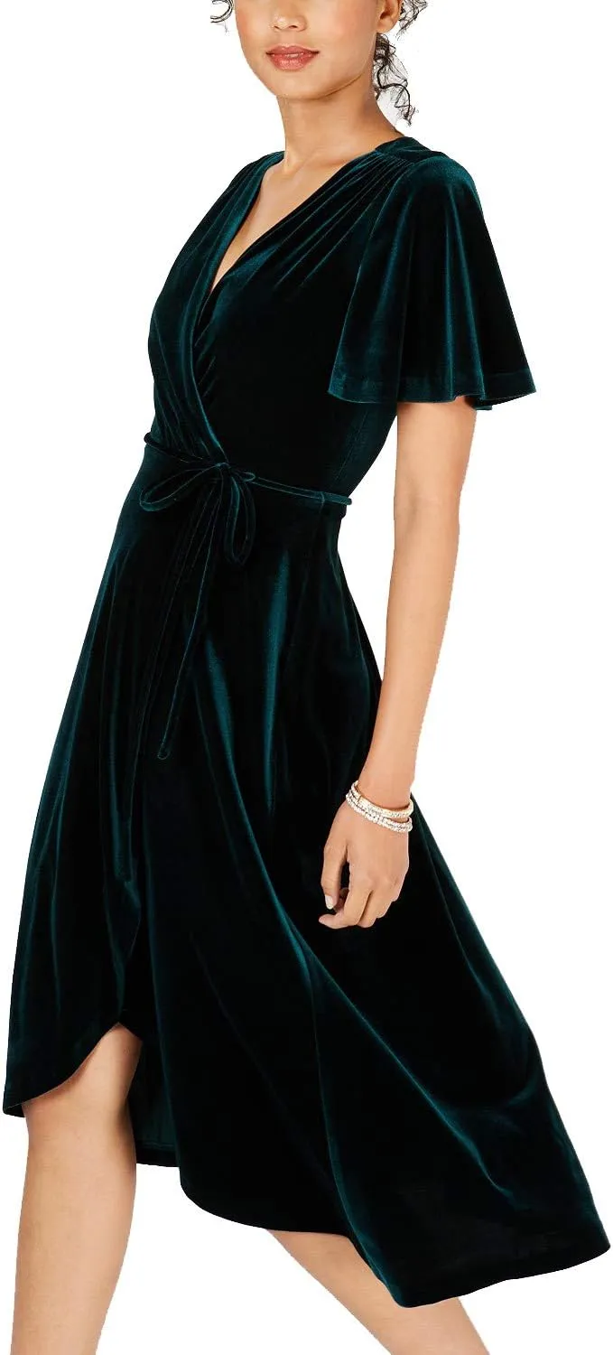 R.Vivimos Womens Velvet Pleated Wrap Tie Waist Elegant Flowy Party Plus Size Midi Dresses