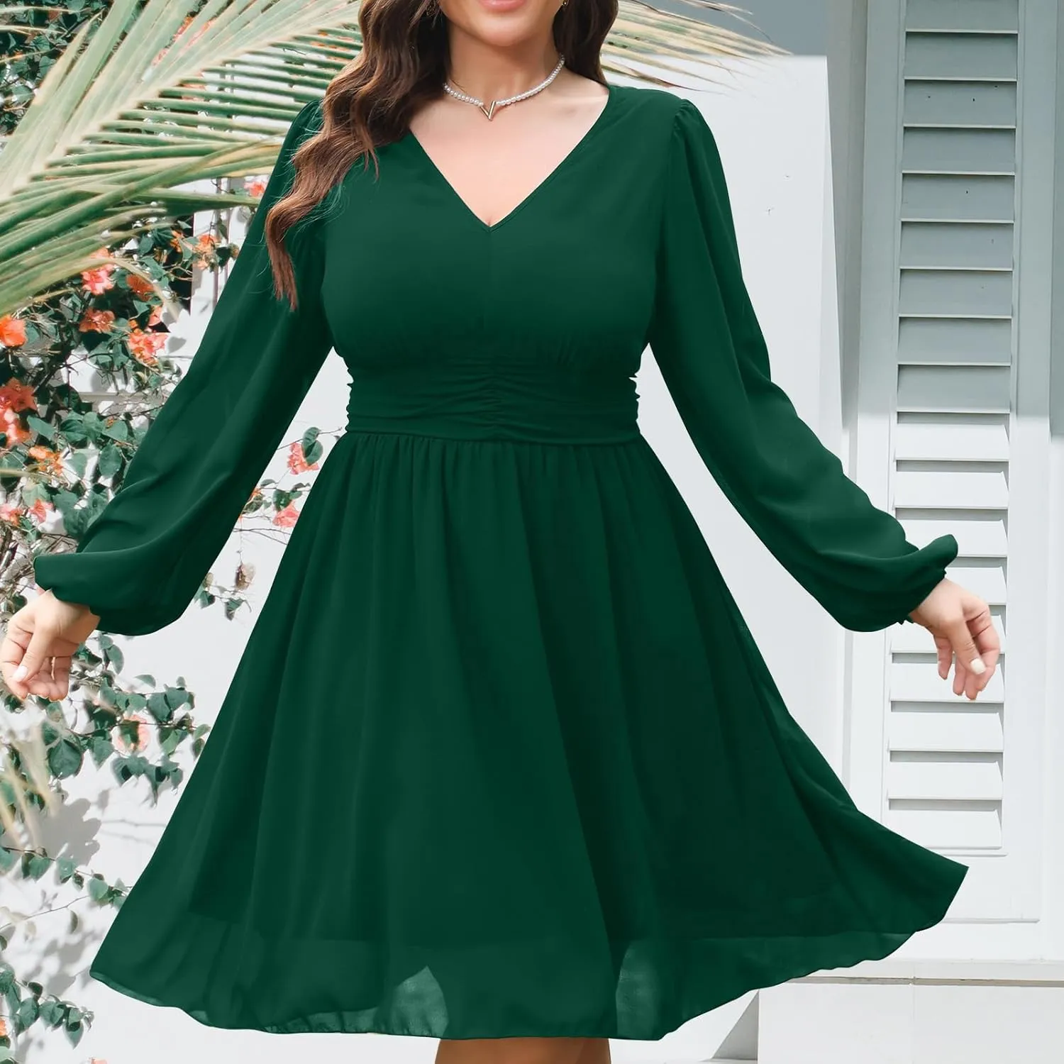 RWJ Womens Plus Size Mini Dress 2025 Wrap V-Neck Empire Waist Long Sleeve Spring Trendy Elegant Flowy Chiffon Dresses