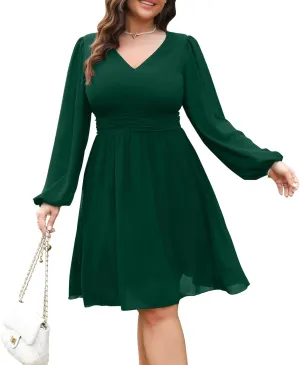 RWJ Womens Plus Size Mini Dress 2025 Wrap V-Neck Empire Waist Long Sleeve Spring Trendy Elegant Flowy Chiffon Dresses