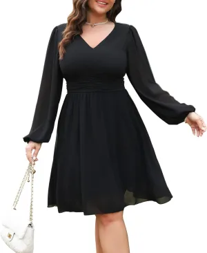 RWJ Womens Plus Size Mini Dress 2025 Wrap V-Neck Empire Waist Long Sleeve Spring Trendy Elegant Flowy Chiffon Dresses