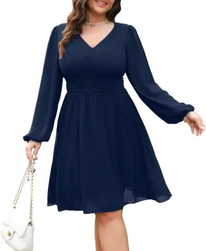 RWJ Womens Plus Size Mini Dress 2025 Wrap V-Neck Empire Waist Long Sleeve Spring Trendy Elegant Flowy Chiffon Dresses