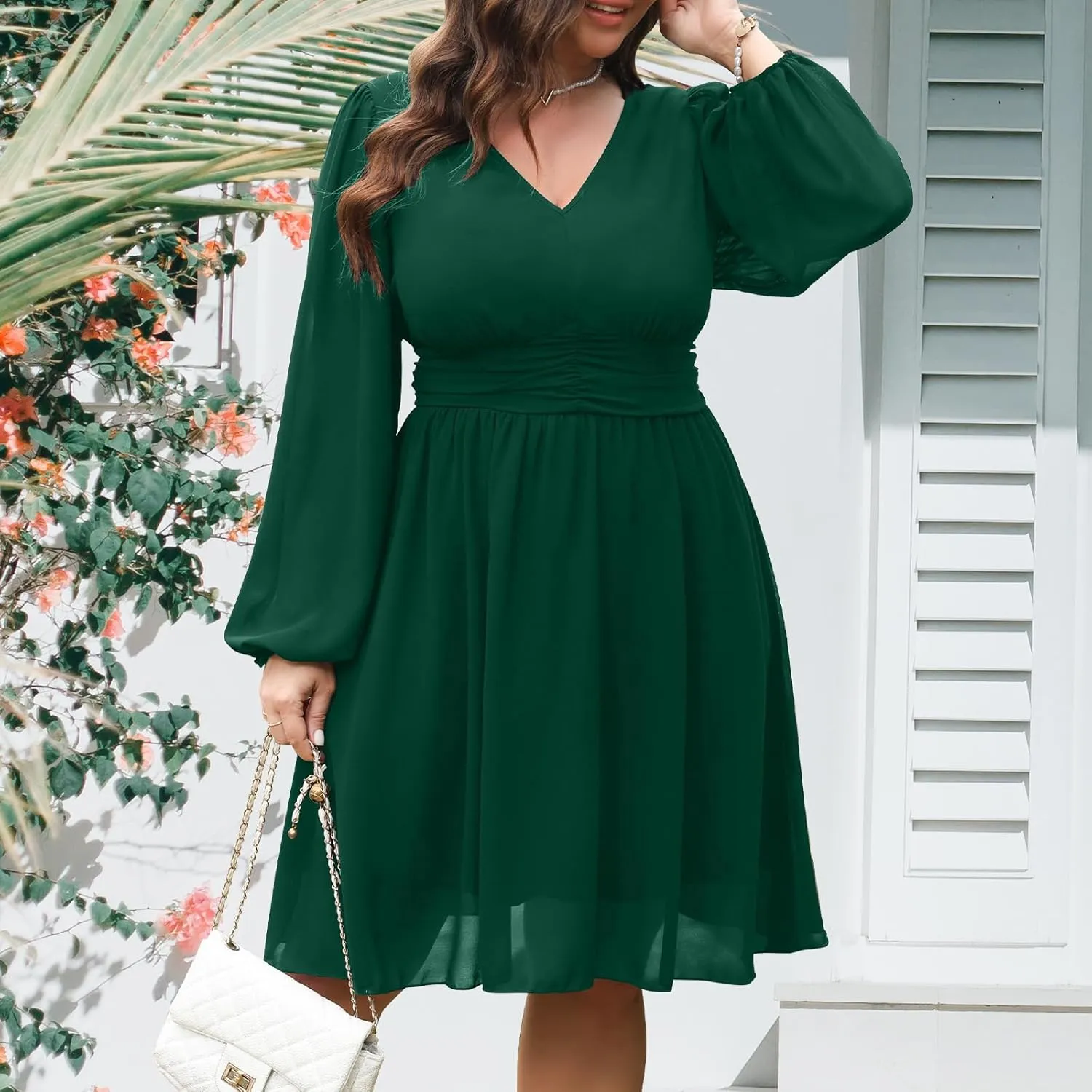 RWJ Womens Plus Size Mini Dress 2025 Wrap V-Neck Empire Waist Long Sleeve Spring Trendy Elegant Flowy Chiffon Dresses