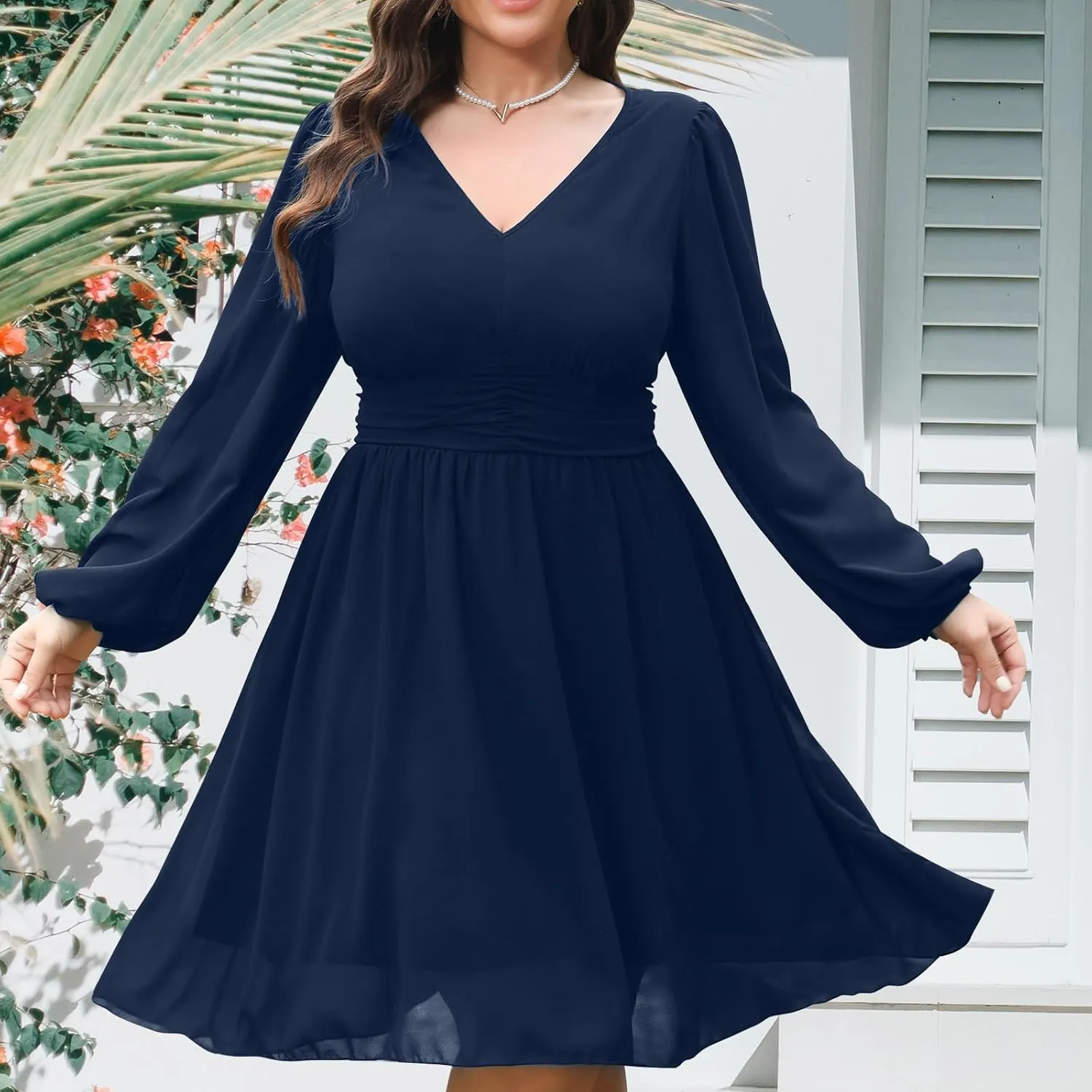 RWJ Womens Plus Size Mini Dress 2025 Wrap V-Neck Empire Waist Long Sleeve Spring Trendy Elegant Flowy Chiffon Dresses