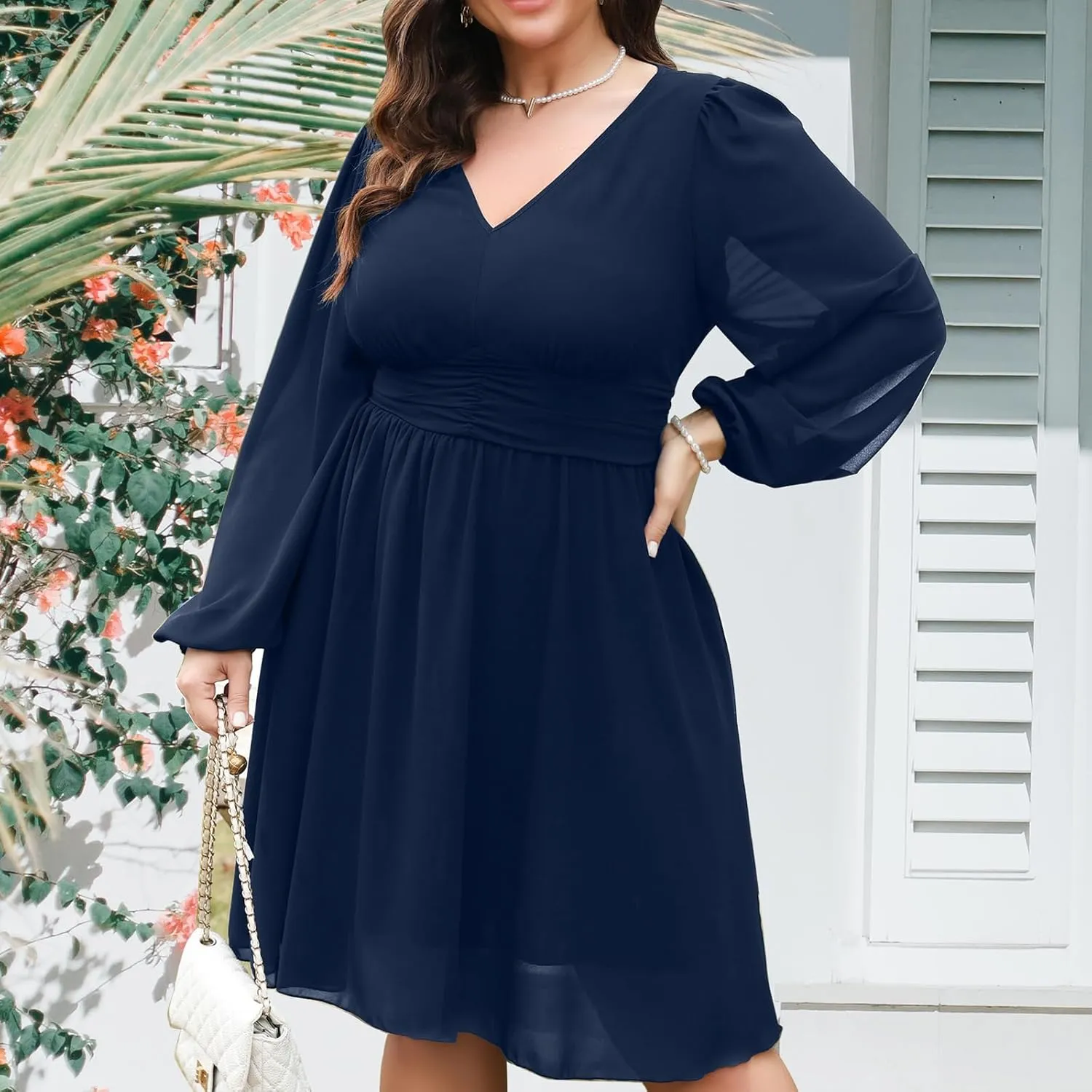 RWJ Womens Plus Size Mini Dress 2025 Wrap V-Neck Empire Waist Long Sleeve Spring Trendy Elegant Flowy Chiffon Dresses
