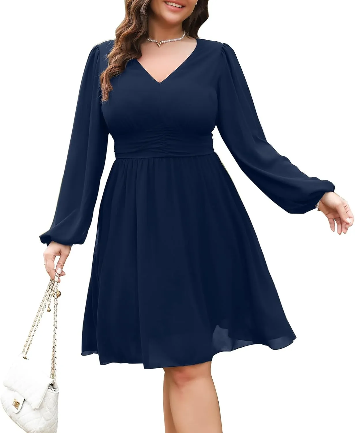 RWJ Womens Plus Size Mini Dress 2025 Wrap V-Neck Empire Waist Long Sleeve Spring Trendy Elegant Flowy Chiffon Dresses