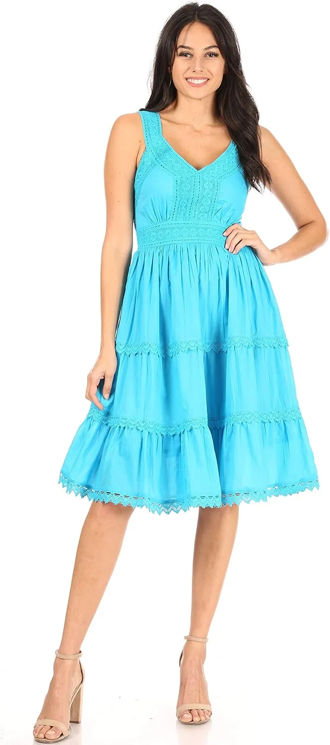 Sakkas Presta Roman Sleeveless Lined Tank Top Dress with Emrboidery Lace Design