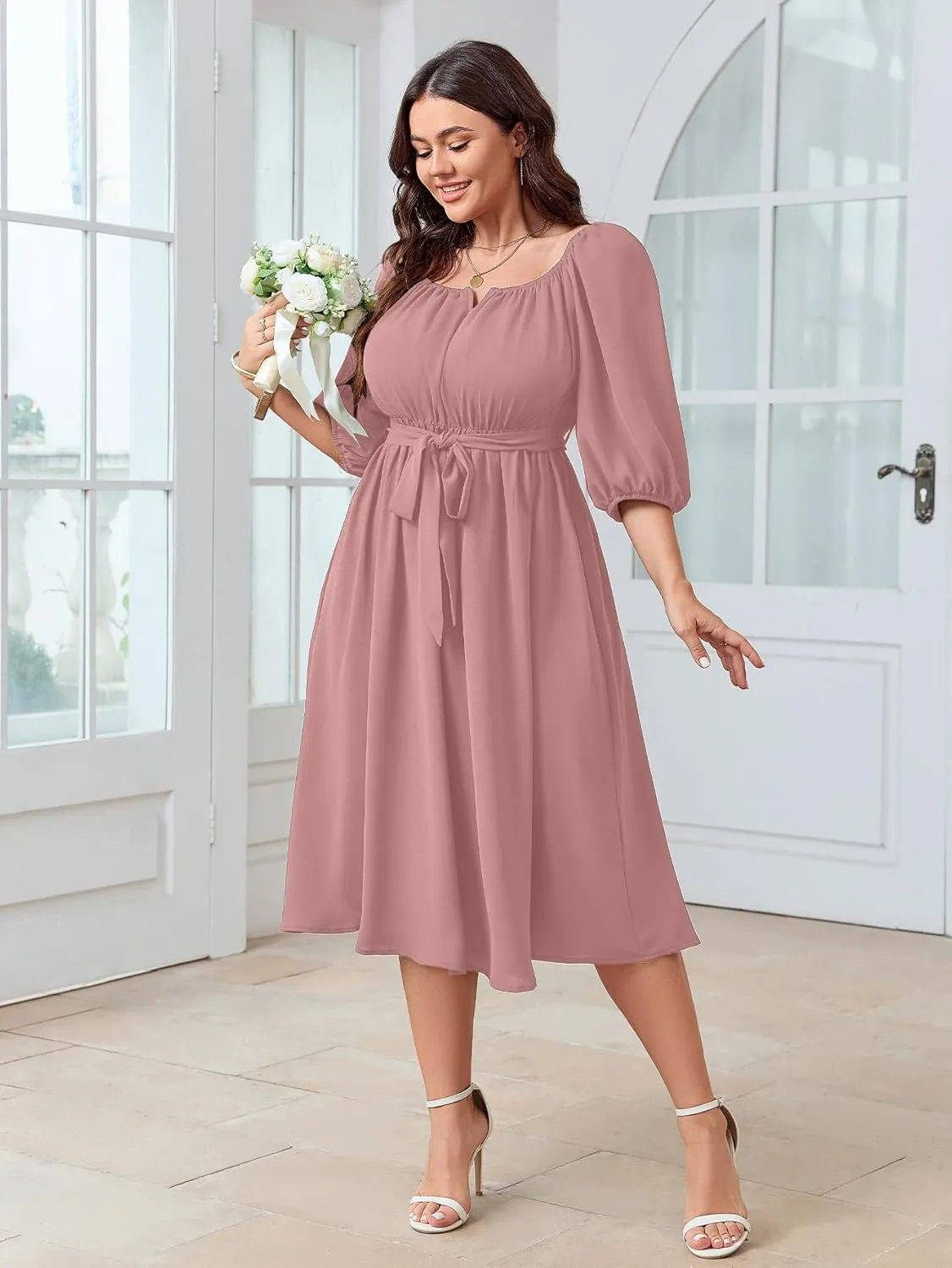 SCOMCHIC Women Plus Size Midi Dresses Puff Short Sleeve Square Neck Wedding Guest Elegant Flowy Belted A Line Dress