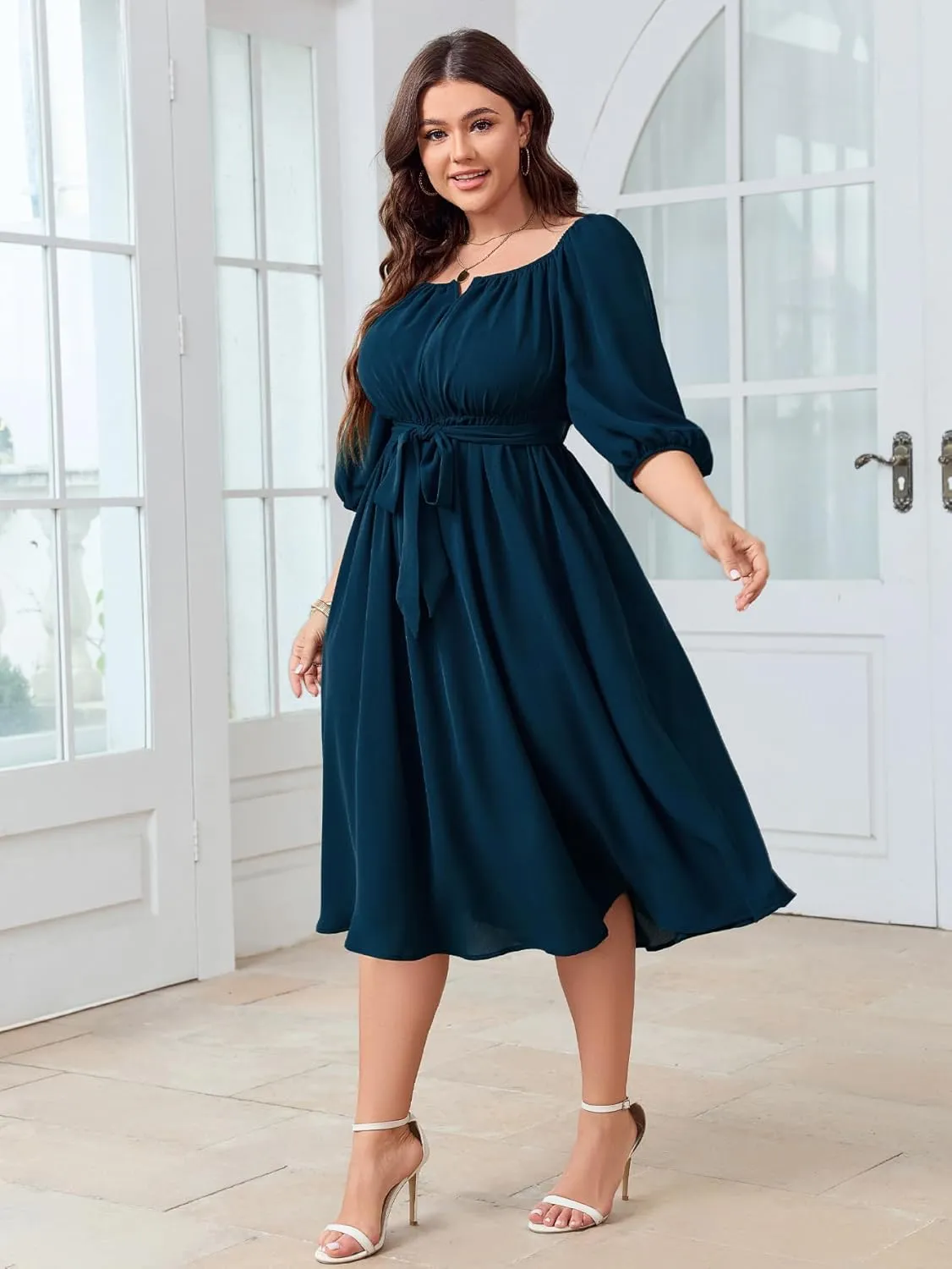 SCOMCHIC Women Plus Size Midi Dresses Puff Short Sleeve Square Neck Wedding Guest Elegant Flowy Belted A Line Dress
