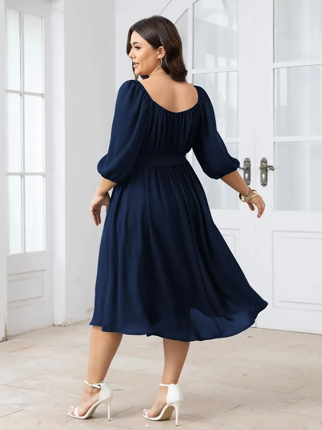 SCOMCHIC Women Plus Size Midi Dresses Puff Short Sleeve Square Neck Wedding Guest Elegant Flowy Belted A Line Dress