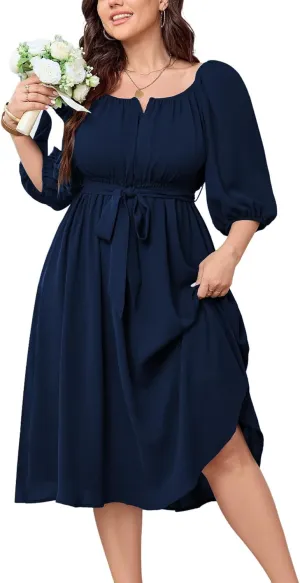 SCOMCHIC Women Plus Size Midi Dresses Puff Short Sleeve Square Neck Wedding Guest Elegant Flowy Belted A Line Dress