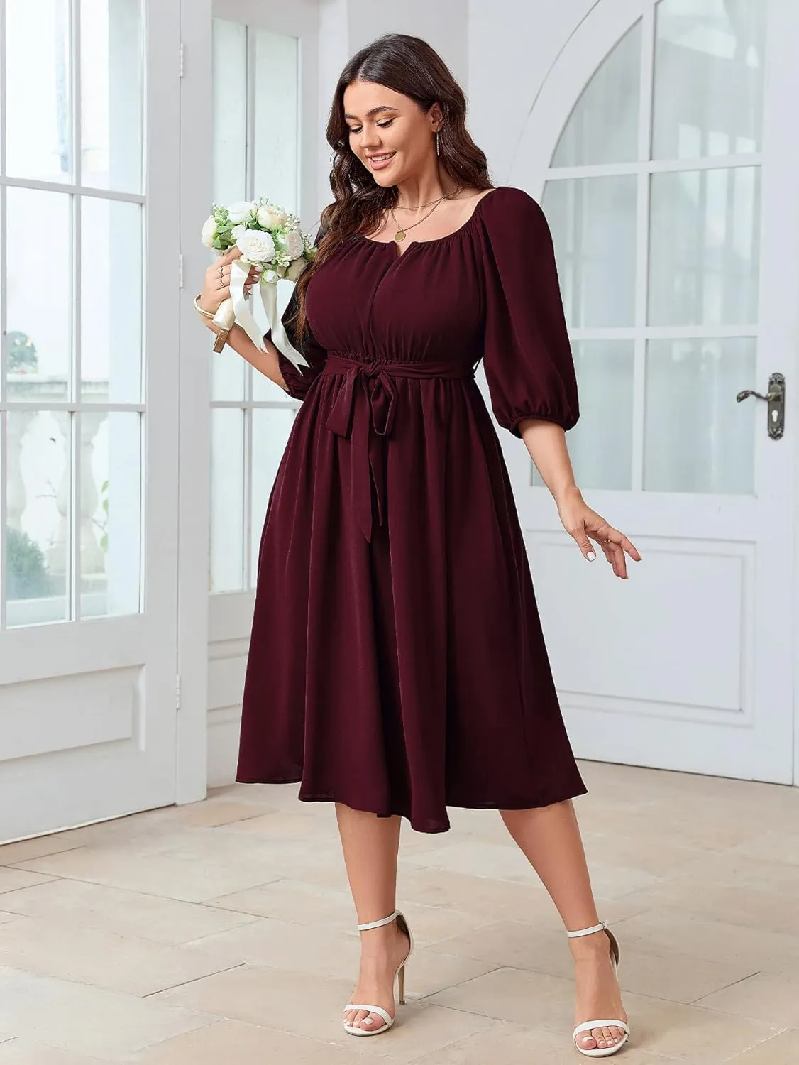 SCOMCHIC Women Plus Size Midi Dresses Puff Short Sleeve Square Neck Wedding Guest Elegant Flowy Belted A Line Dress