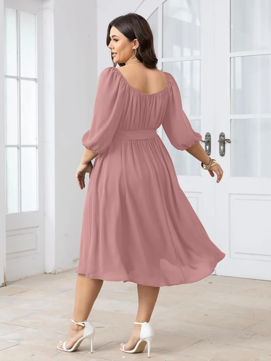 SCOMCHIC Women Plus Size Midi Dresses Puff Short Sleeve Square Neck Wedding Guest Elegant Flowy Belted A Line Dress