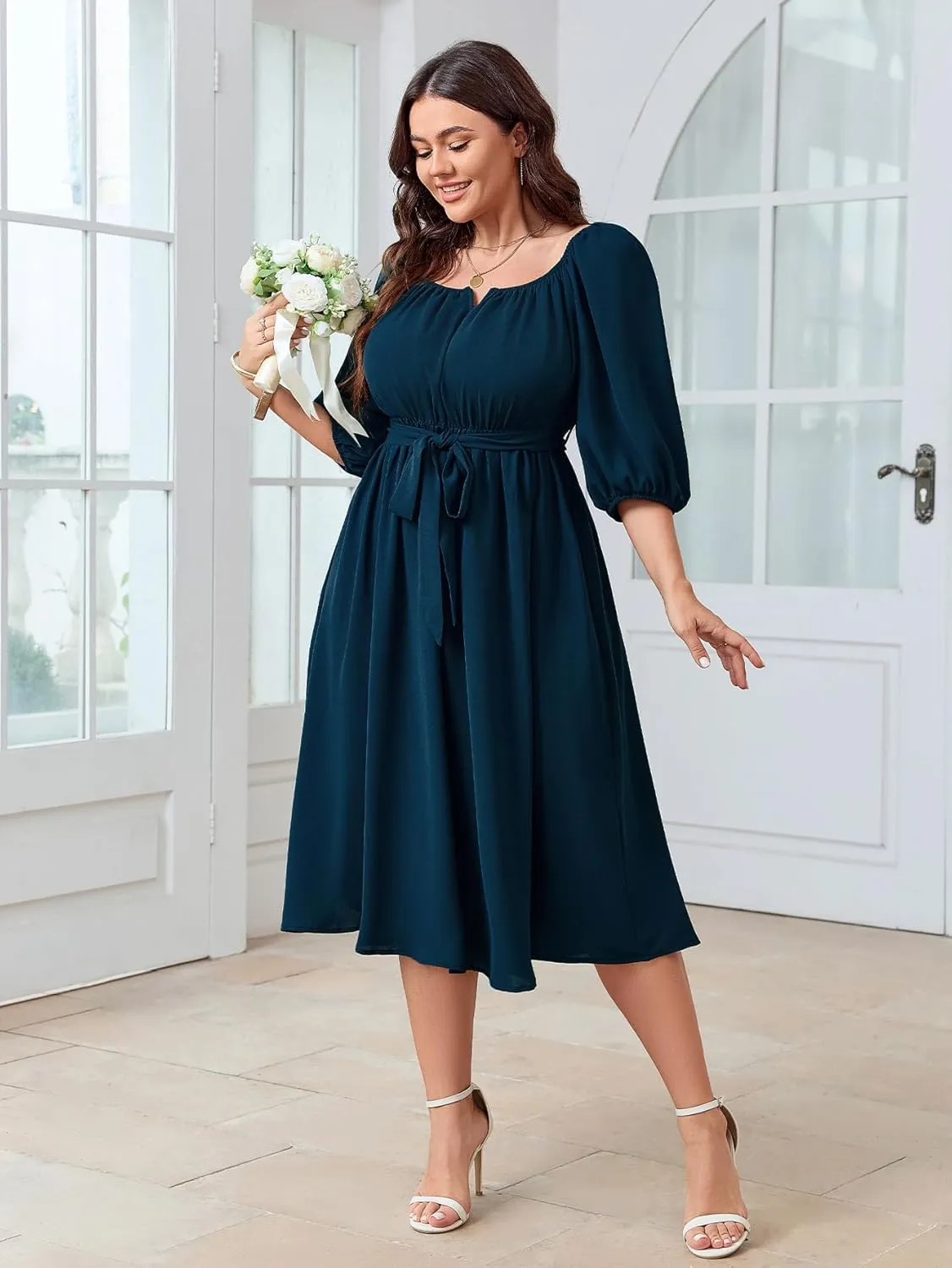 SCOMCHIC Women Plus Size Midi Dresses Puff Short Sleeve Square Neck Wedding Guest Elegant Flowy Belted A Line Dress