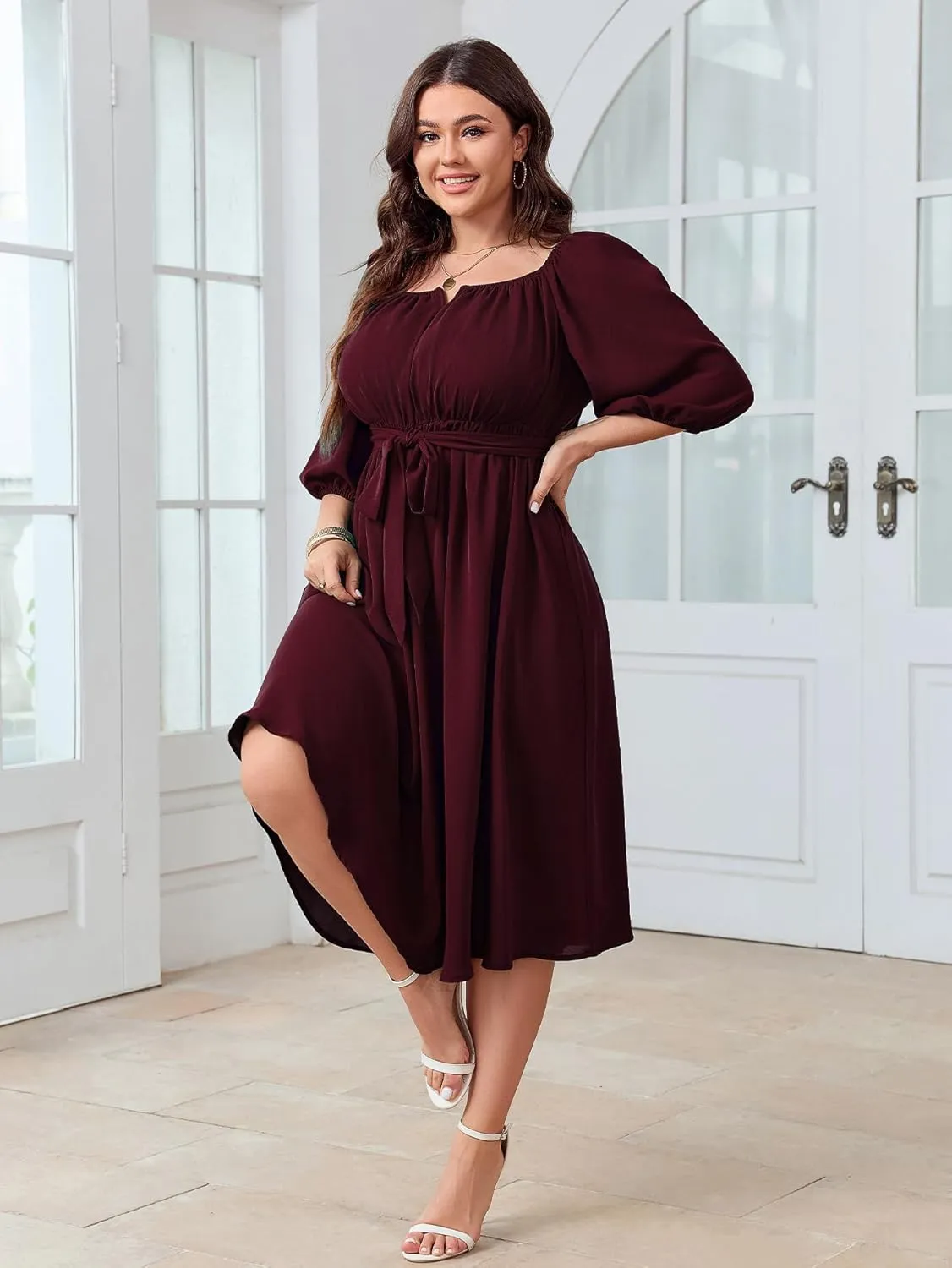 SCOMCHIC Women Plus Size Midi Dresses Puff Short Sleeve Square Neck Wedding Guest Elegant Flowy Belted A Line Dress