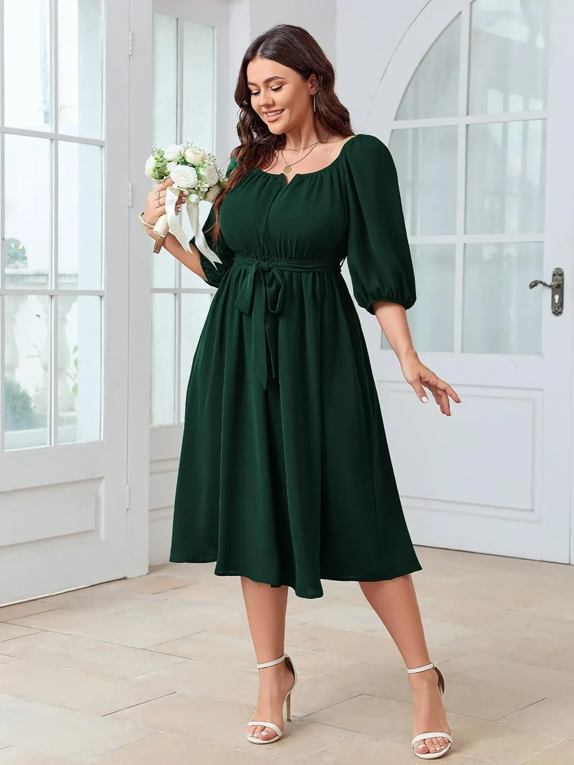 SCOMCHIC Women Plus Size Midi Dresses Puff Short Sleeve Square Neck Wedding Guest Elegant Flowy Belted A Line Dress