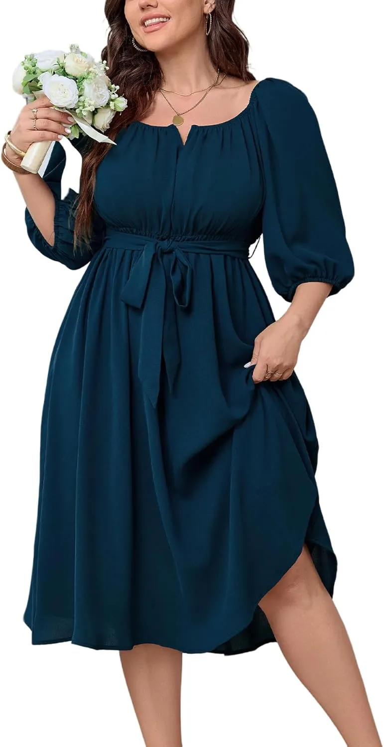 SCOMCHIC Women Plus Size Midi Dresses Puff Short Sleeve Square Neck Wedding Guest Elegant Flowy Belted A Line Dress