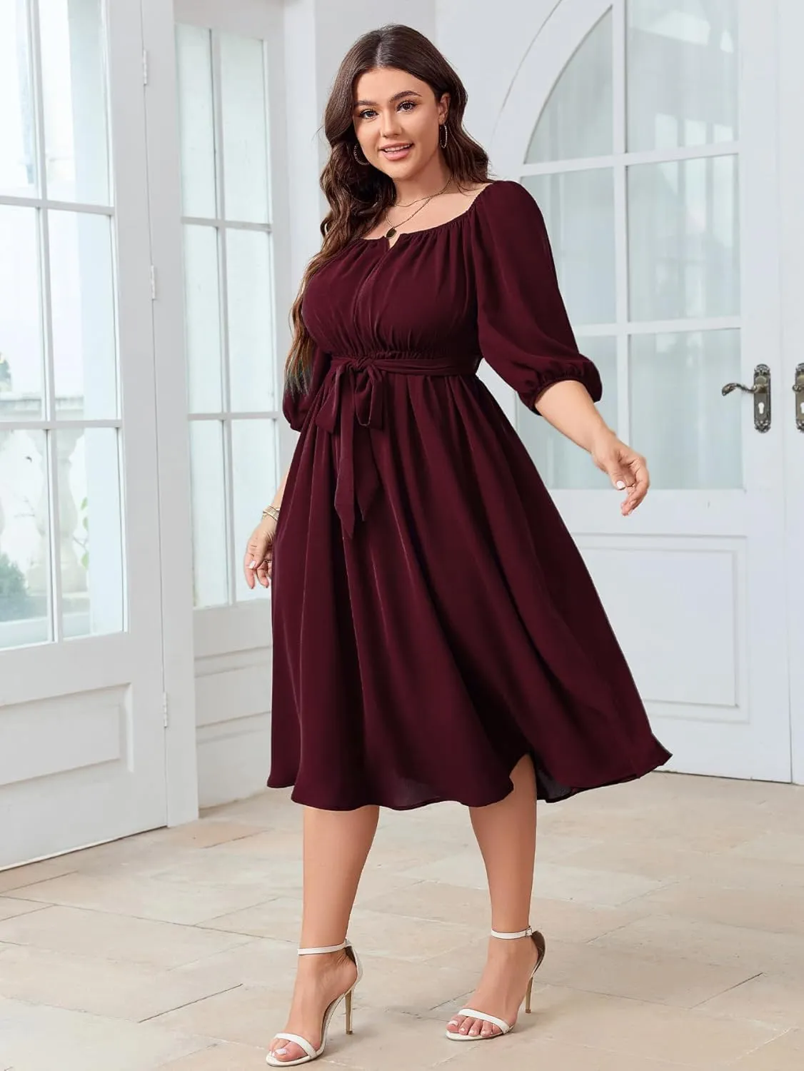 SCOMCHIC Women Plus Size Midi Dresses Puff Short Sleeve Square Neck Wedding Guest Elegant Flowy Belted A Line Dress