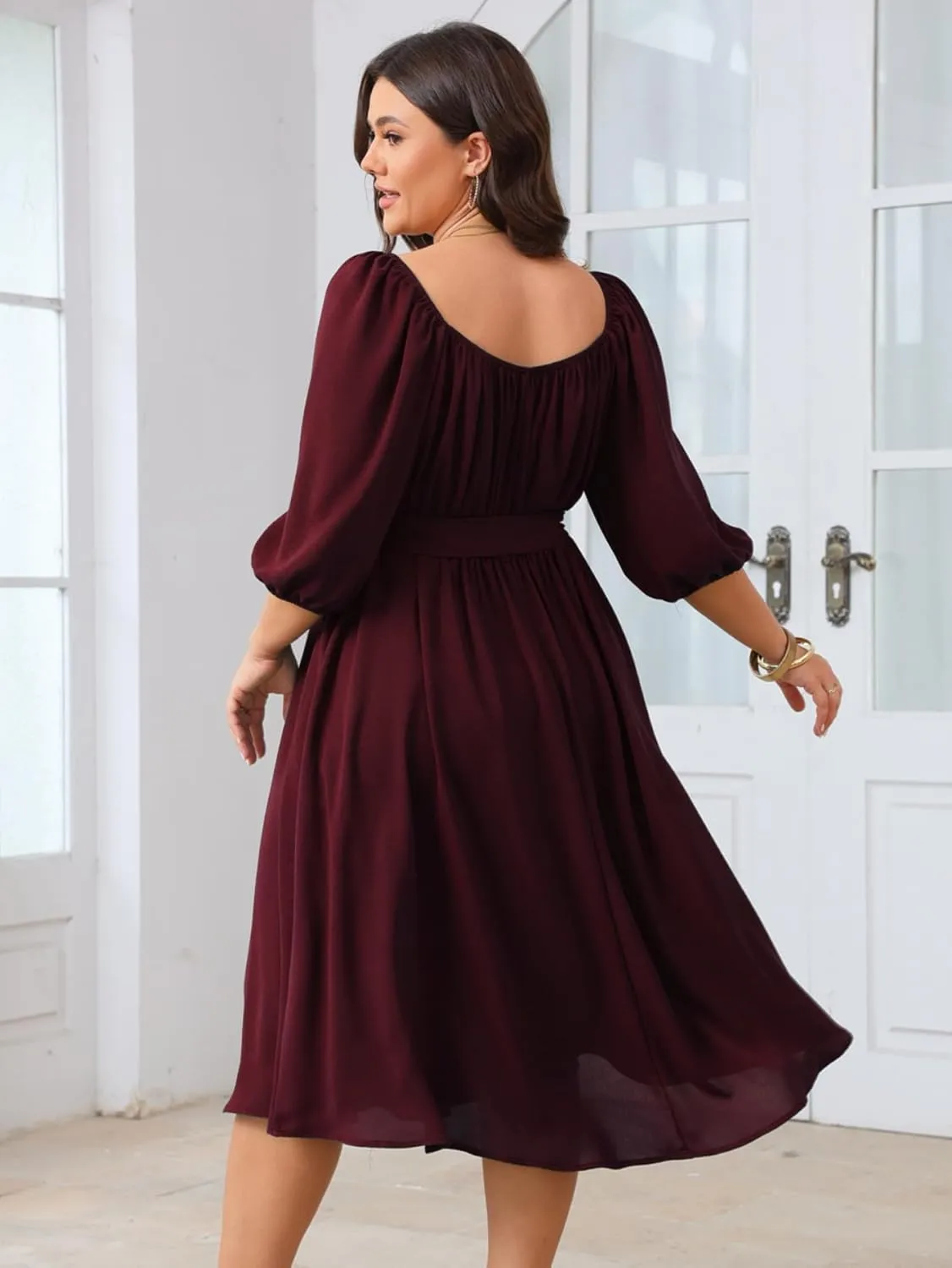 SCOMCHIC Women Plus Size Midi Dresses Puff Short Sleeve Square Neck Wedding Guest Elegant Flowy Belted A Line Dress