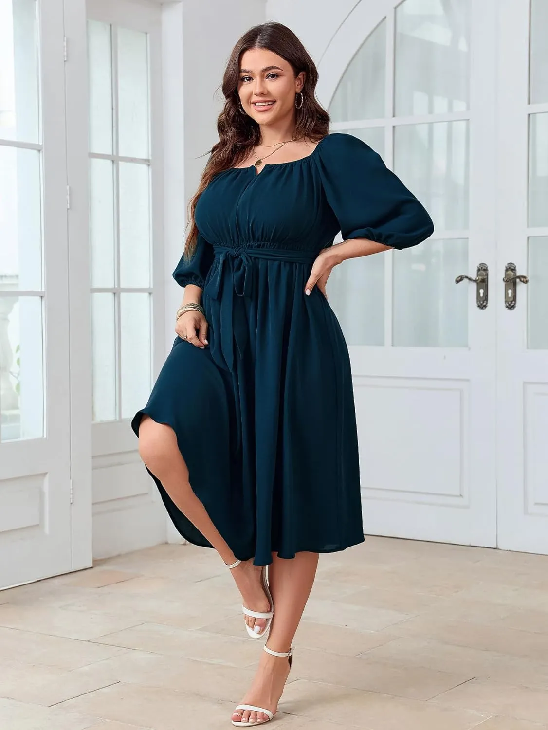 SCOMCHIC Women Plus Size Midi Dresses Puff Short Sleeve Square Neck Wedding Guest Elegant Flowy Belted A Line Dress