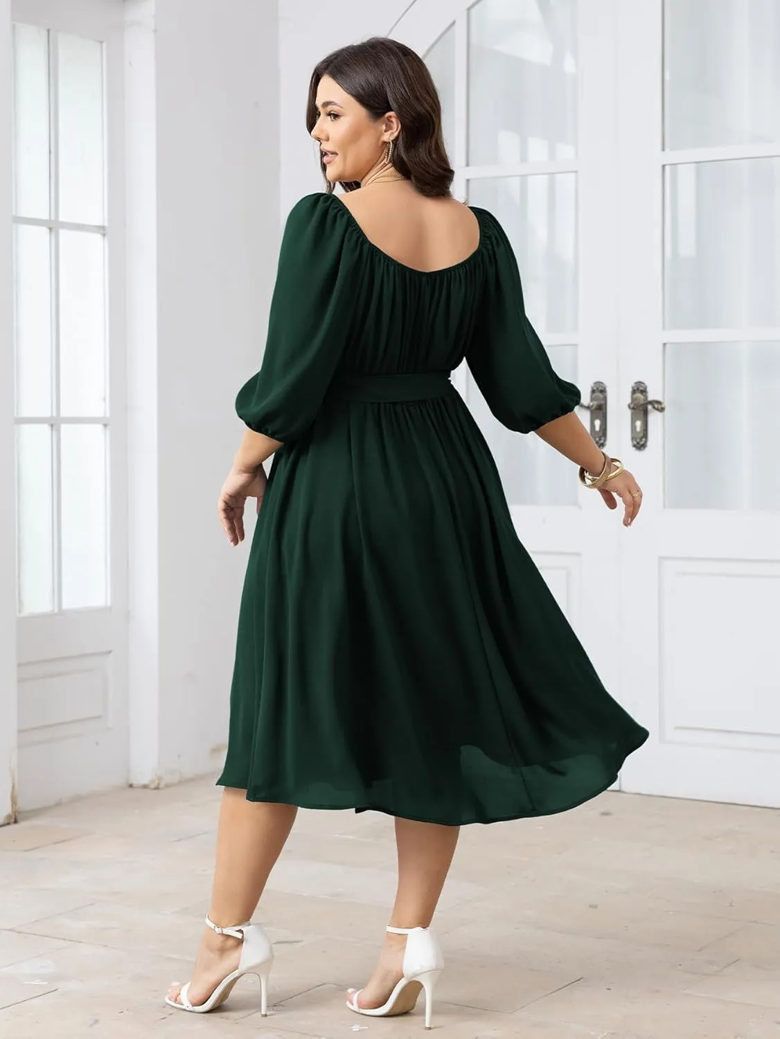 SCOMCHIC Women Plus Size Midi Dresses Puff Short Sleeve Square Neck Wedding Guest Elegant Flowy Belted A Line Dress