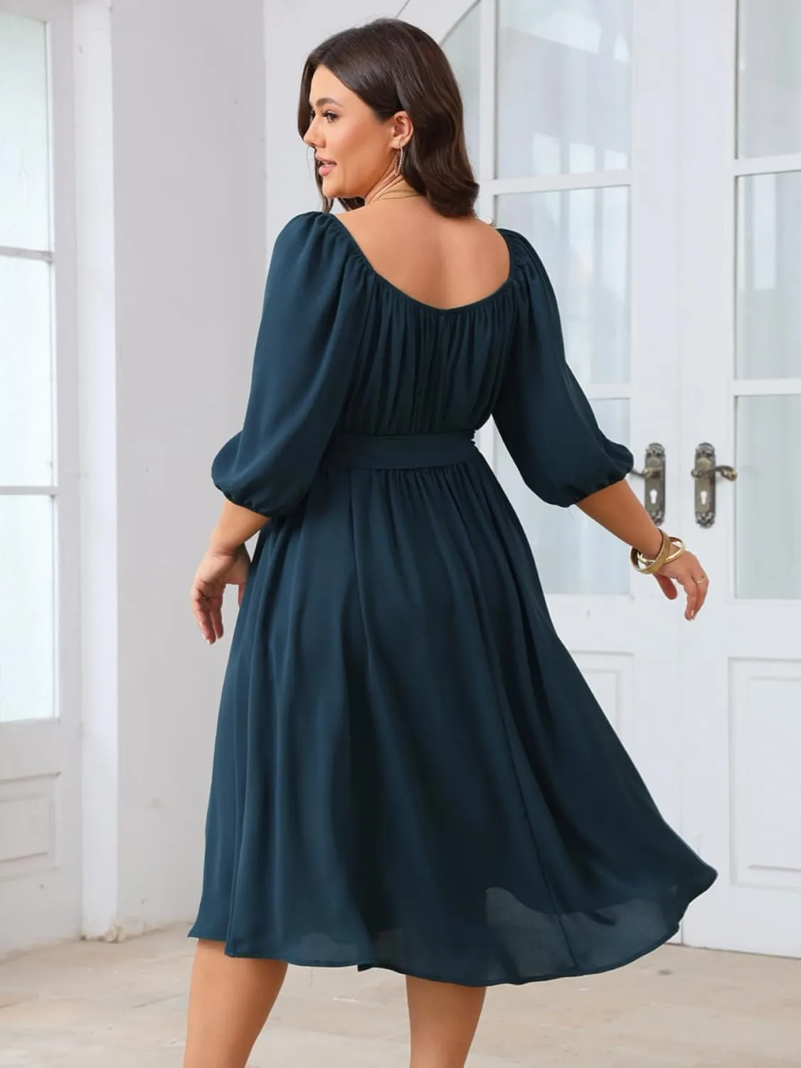 SCOMCHIC Women Plus Size Midi Dresses Puff Short Sleeve Square Neck Wedding Guest Elegant Flowy Belted A Line Dress