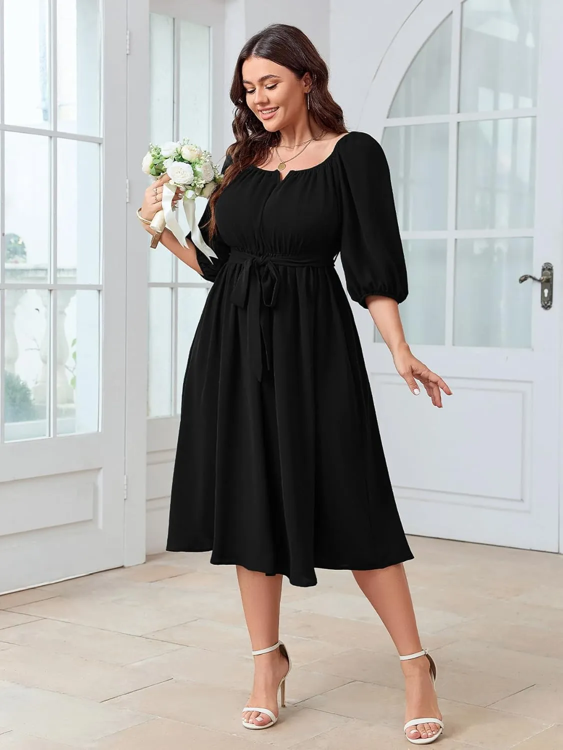 SCOMCHIC Women Plus Size Midi Dresses Puff Short Sleeve Square Neck Wedding Guest Elegant Flowy Belted A Line Dress