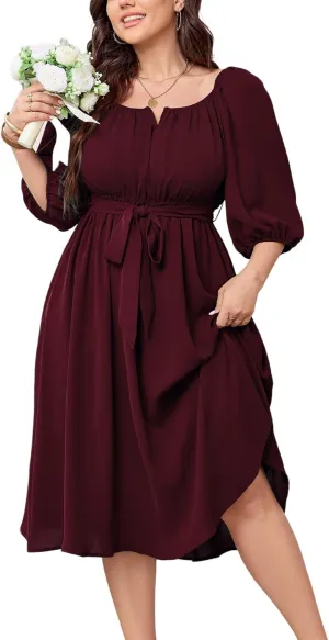 SCOMCHIC Women Plus Size Midi Dresses Puff Short Sleeve Square Neck Wedding Guest Elegant Flowy Belted A Line Dress