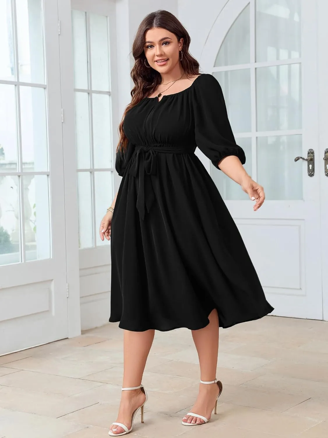 SCOMCHIC Women Plus Size Midi Dresses Puff Short Sleeve Square Neck Wedding Guest Elegant Flowy Belted A Line Dress