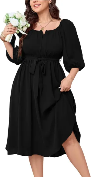 SCOMCHIC Women Plus Size Midi Dresses Puff Short Sleeve Square Neck Wedding Guest Elegant Flowy Belted A Line Dress
