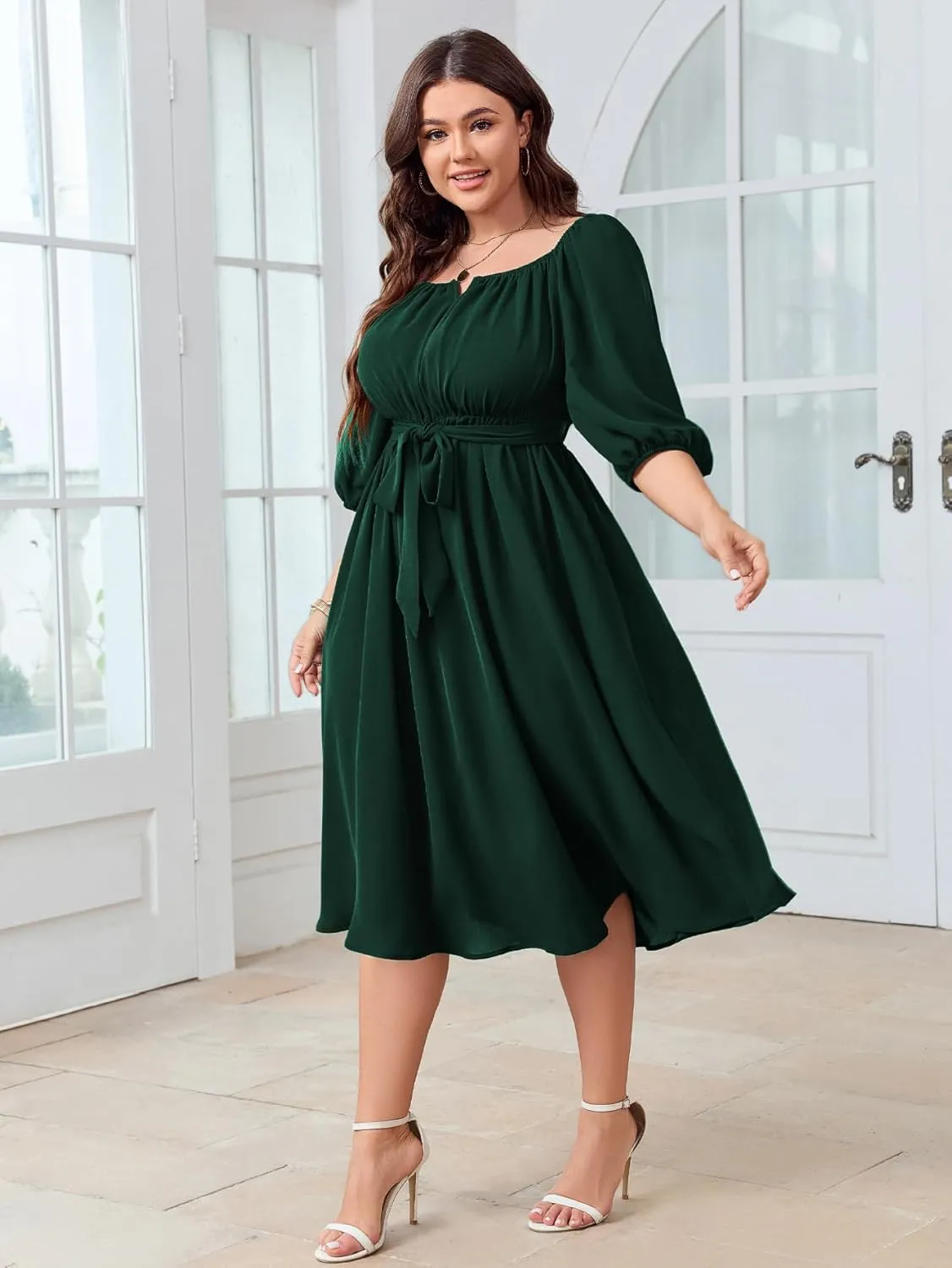 SCOMCHIC Women Plus Size Midi Dresses Puff Short Sleeve Square Neck Wedding Guest Elegant Flowy Belted A Line Dress