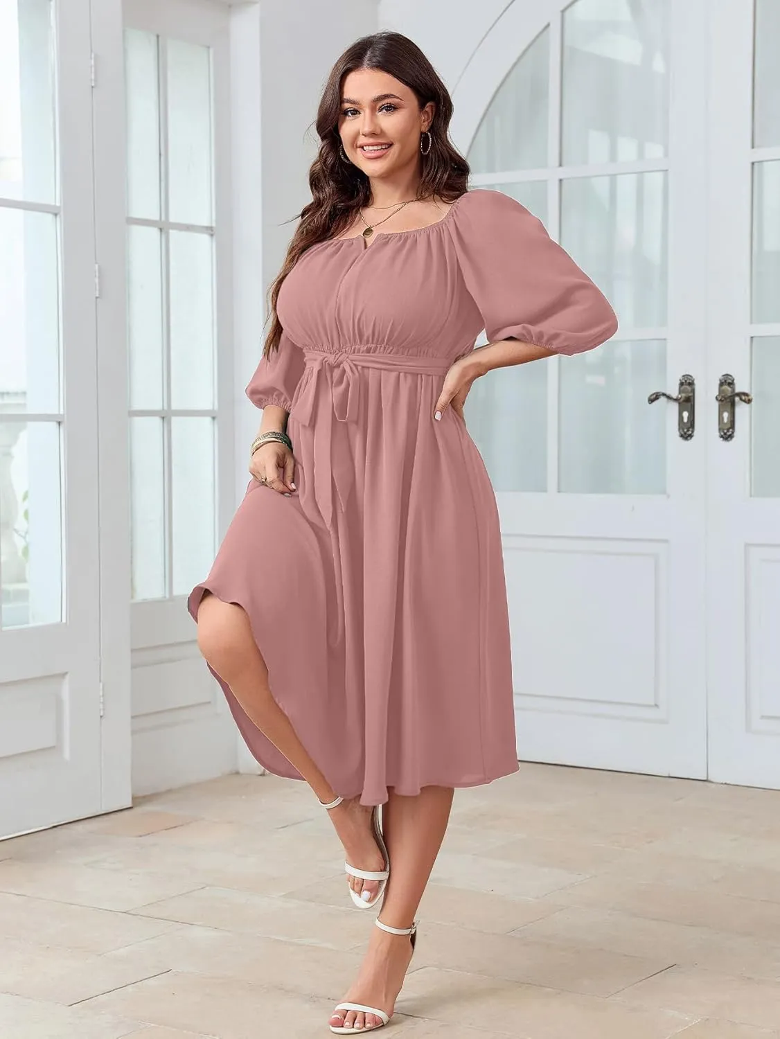 SCOMCHIC Women Plus Size Midi Dresses Puff Short Sleeve Square Neck Wedding Guest Elegant Flowy Belted A Line Dress