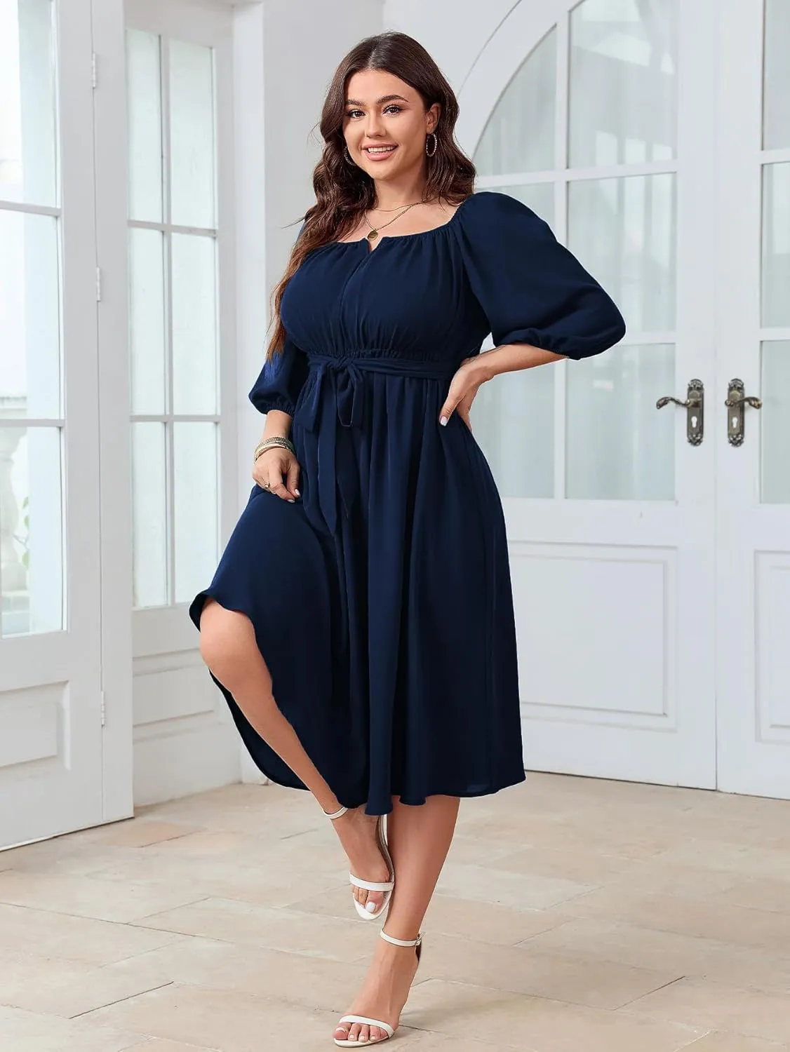 SCOMCHIC Women Plus Size Midi Dresses Puff Short Sleeve Square Neck Wedding Guest Elegant Flowy Belted A Line Dress