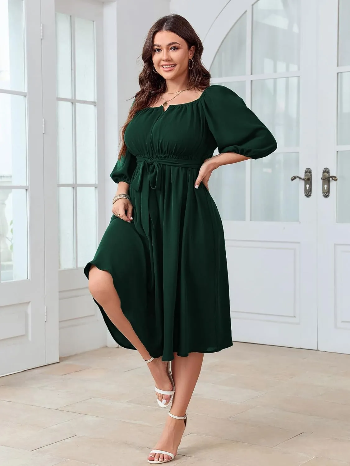 SCOMCHIC Women Plus Size Midi Dresses Puff Short Sleeve Square Neck Wedding Guest Elegant Flowy Belted A Line Dress
