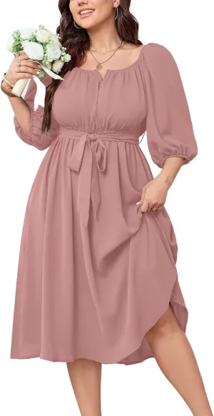 SCOMCHIC Women Plus Size Midi Dresses Puff Short Sleeve Square Neck Wedding Guest Elegant Flowy Belted A Line Dress