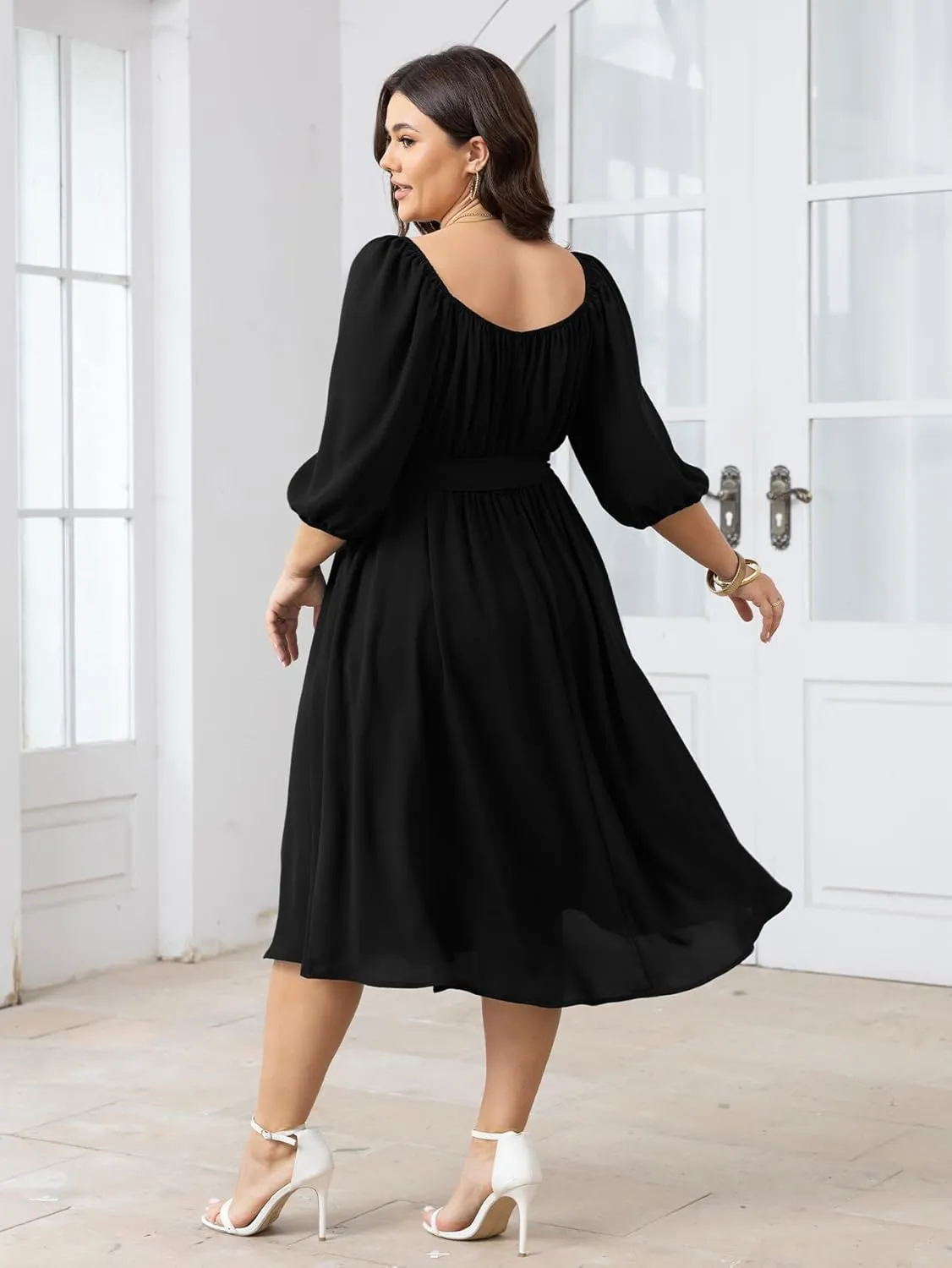 SCOMCHIC Women Plus Size Midi Dresses Puff Short Sleeve Square Neck Wedding Guest Elegant Flowy Belted A Line Dress