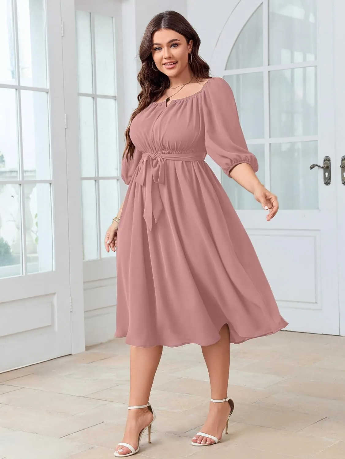 SCOMCHIC Women Plus Size Midi Dresses Puff Short Sleeve Square Neck Wedding Guest Elegant Flowy Belted A Line Dress