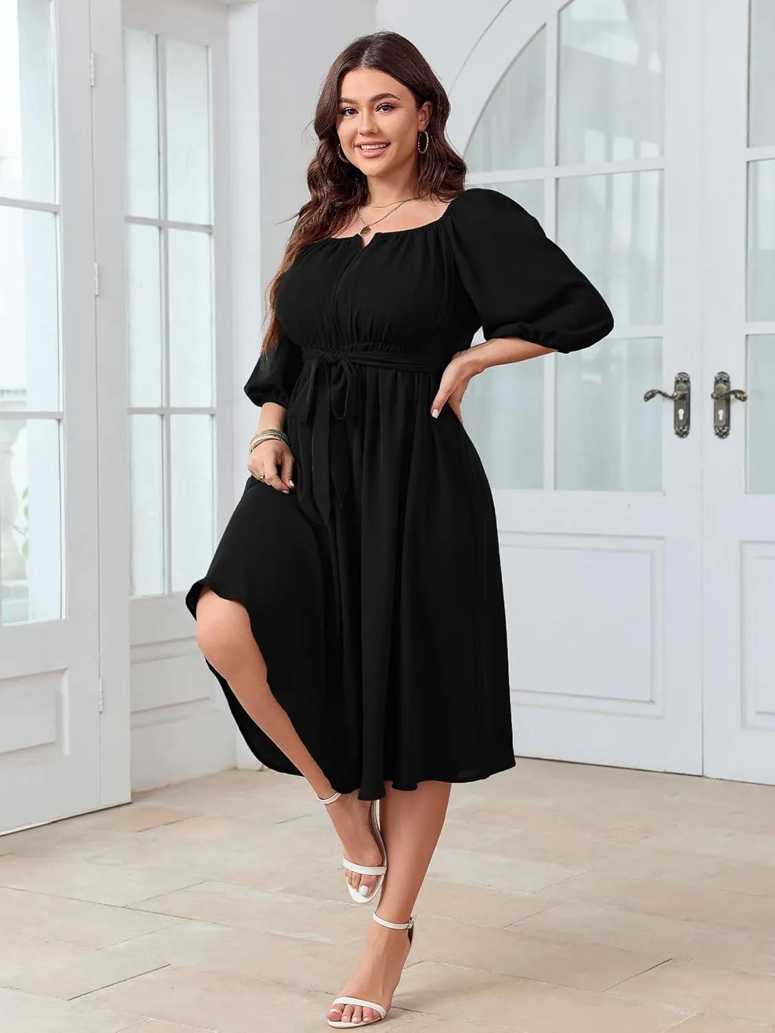 SCOMCHIC Women Plus Size Midi Dresses Puff Short Sleeve Square Neck Wedding Guest Elegant Flowy Belted A Line Dress