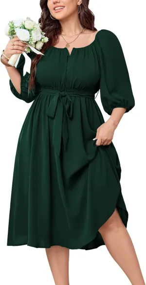 SCOMCHIC Women Plus Size Midi Dresses Puff Short Sleeve Square Neck Wedding Guest Elegant Flowy Belted A Line Dress