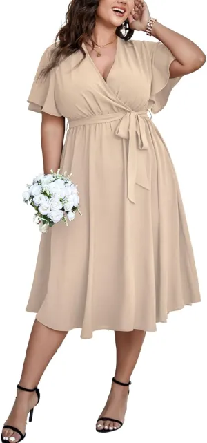SCOMCHIC Womens Plus Size Wedding Guest Cocktail Midi Dress Summer Short Sleeve Wrap V Neck Belted A-Line Flowy Dress