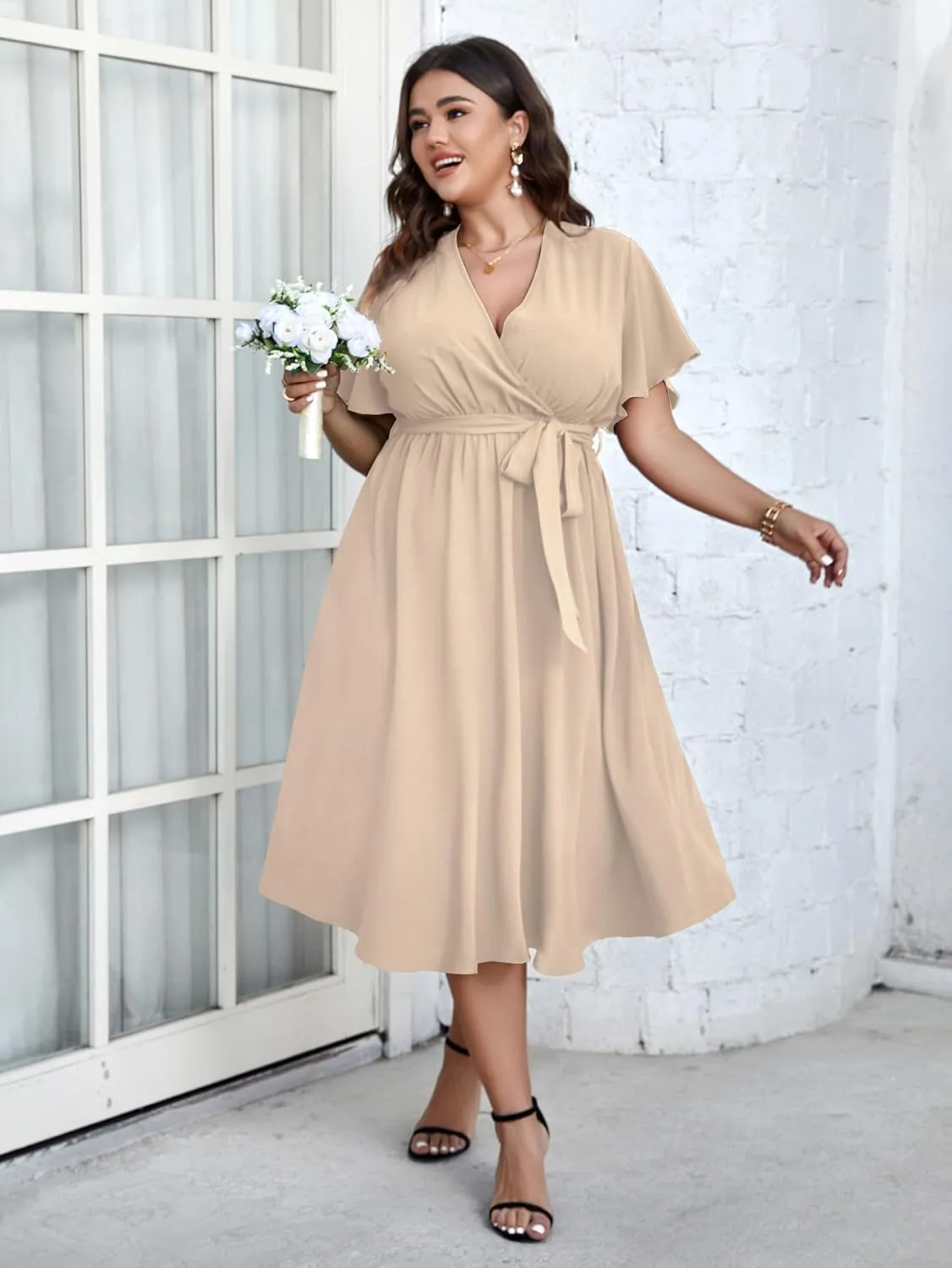 SCOMCHIC Womens Plus Size Wedding Guest Cocktail Midi Dress Summer Short Sleeve Wrap V Neck Belted A-Line Flowy Dress