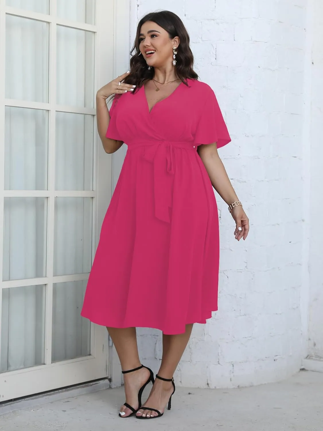 SCOMCHIC Womens Plus Size Wedding Guest Cocktail Midi Dress Summer Short Sleeve Wrap V Neck Belted A-Line Flowy Dress