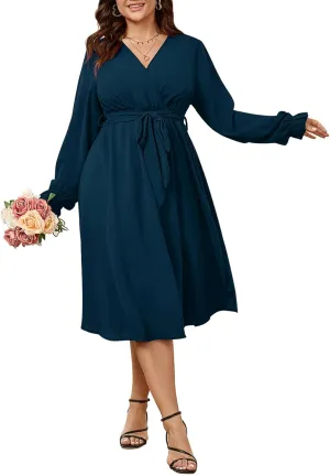 SCOMCHIC Womens Plus Size Wedding Guest Cocktail Midi Dress Winter Long Sleeve Wrap V Neck Belted A-Line Flowy Party Dress