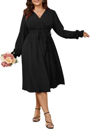 SCOMCHIC Womens Plus Size Wedding Guest Cocktail Midi Dress Winter Long Sleeve Wrap V Neck Belted A-Line Flowy Party Dress